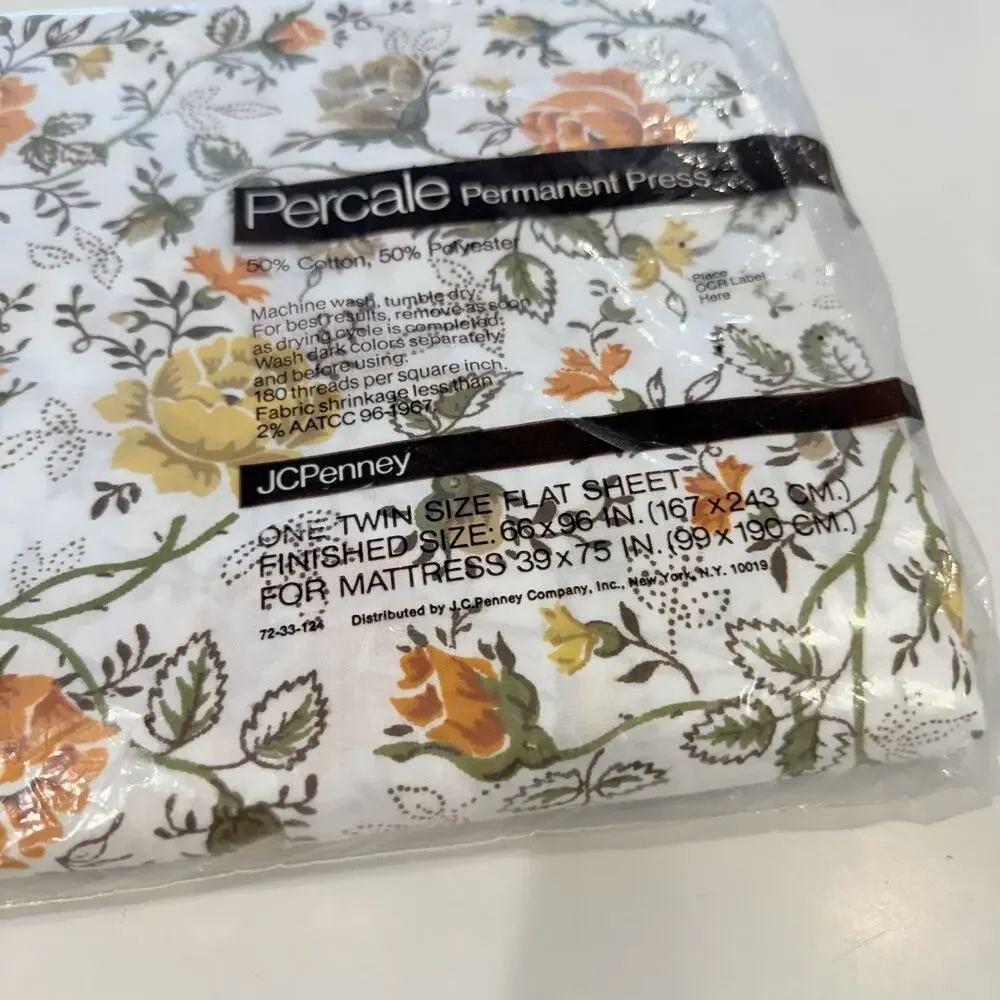 Vintage No Iron Twin Flat Sheet JCPenney Percale Floral Brown Orange White NEW